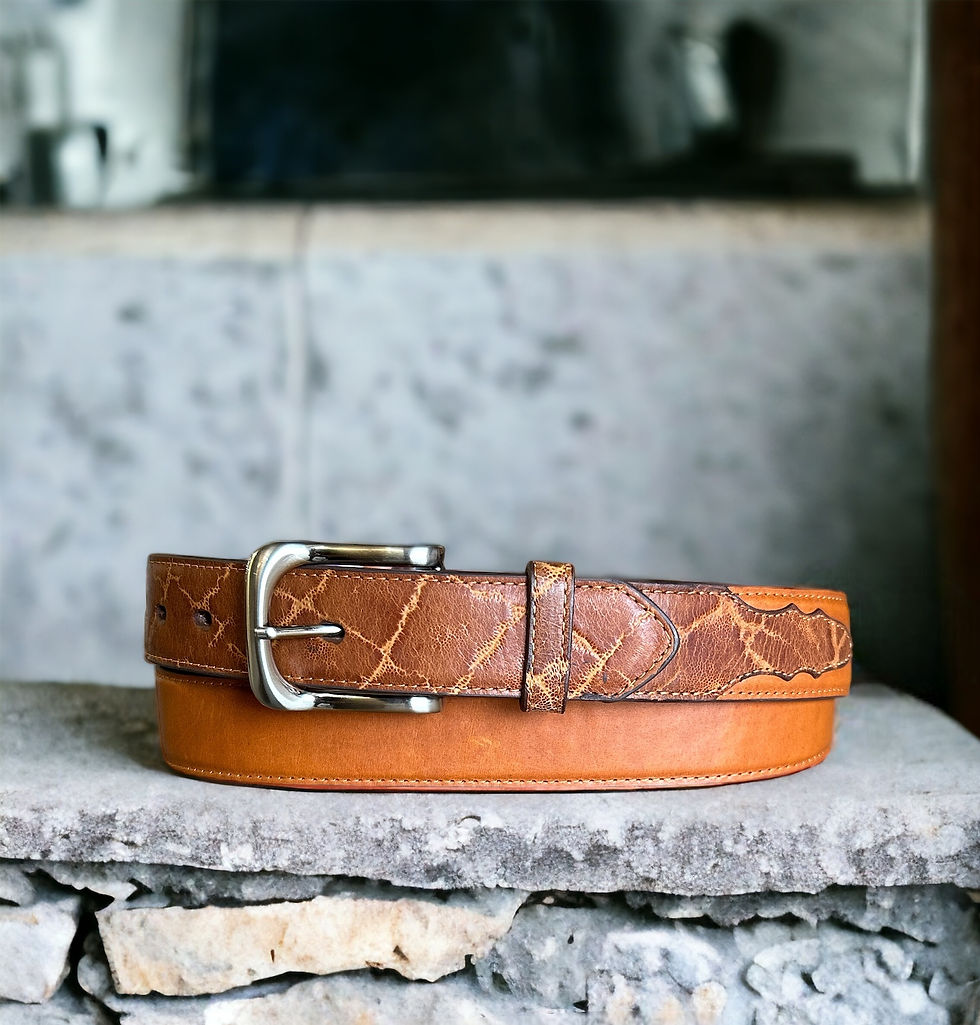 Brown leather western belt with distressed billet detailing and silver buckle by Ranger Belt Company