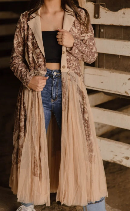 Brown and cream tooled print duster by Sterling Kreek with mesh bottom detail