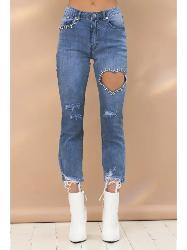 Heartbreaker crop denim jeans with heart cutout