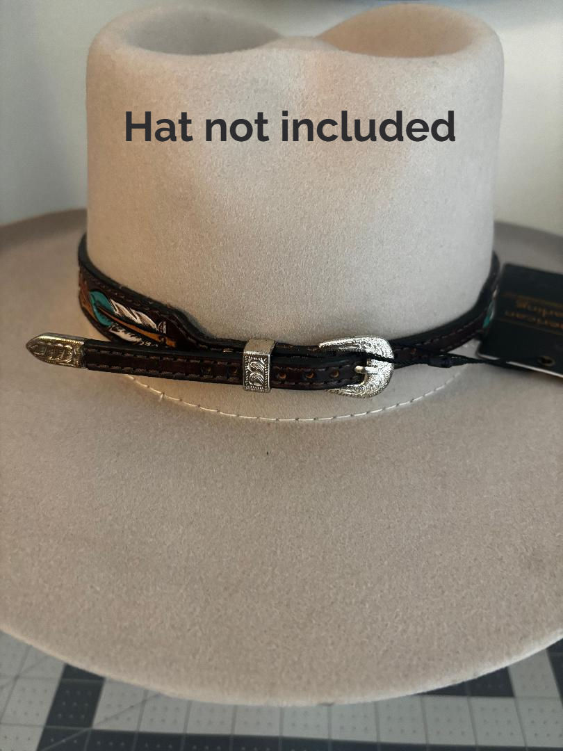 Thumbnail: dark brown hand tooled leather cowboy hatband with feather design and turquoise accents