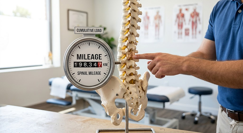"Anatomical human spine model displayed on a desk inside a modern chiropractic clinic for patient education."
