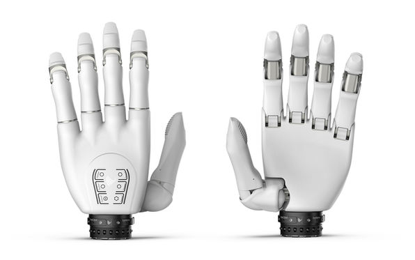 Weiße myoelektrische Handprothese, Innen- und Außenansicht mit ausgestreckten Fingern