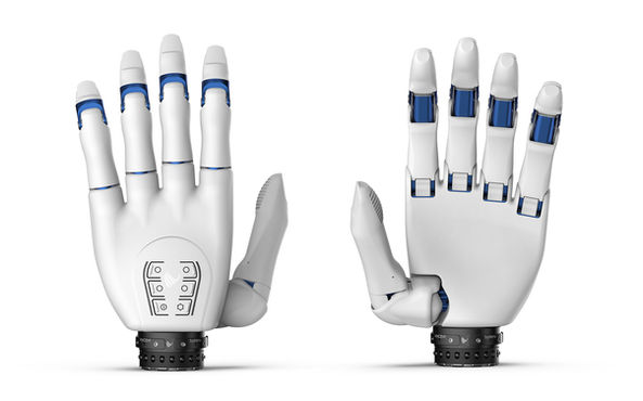 Weiße myoelektrische Handprothese, Innen- und Außenansicht mit ausgestreckten Fingern