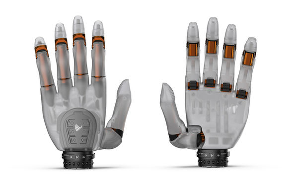 Transparente bionische Handprothese, Innen- und Außenansicht mit ausgestreckten Fingern