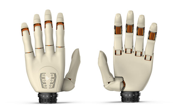 Perlweiße multiartikulierende Handprothese, Innen- und Außenansicht mit ausgestreckten Fingern
