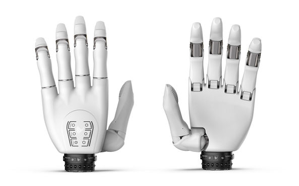 Weiße myoelektrische Handprothese, Innen- und Außenansicht mit ausgestreckten Fingern