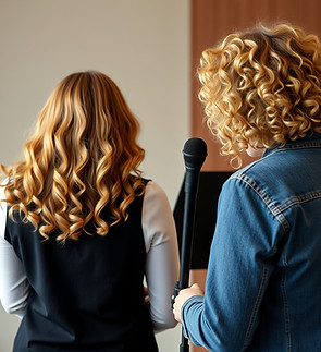 Vocal Lessons of a teacher and a student, don’t show faces, but show from behind, like thi