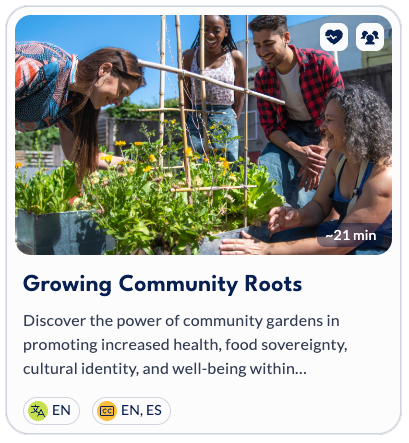 Friends tend leafy plants in a sunny community garden, laughing around a trellis; card titled Growing Community Roots.