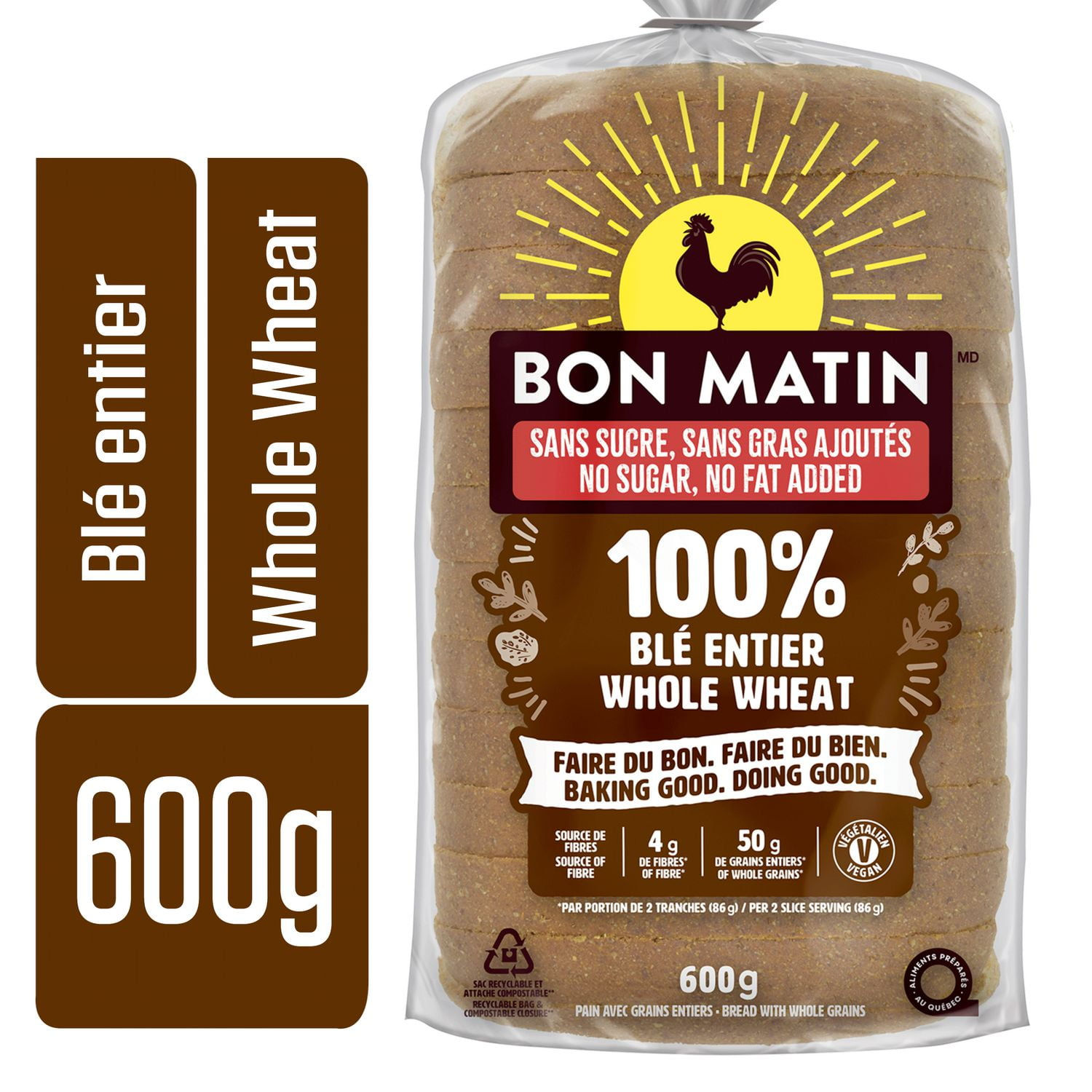Bon Matin® No Sugar No Fat Added 100 % Whole Wheat Sliced Bread