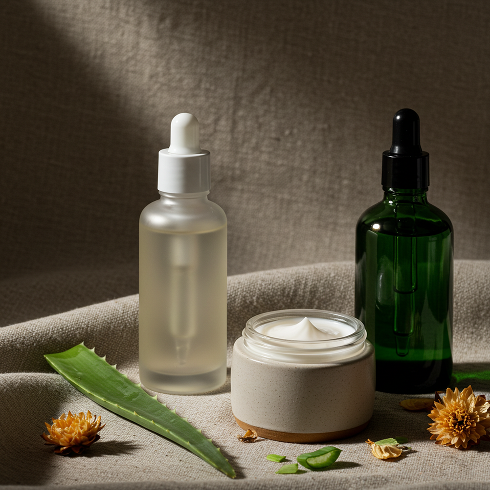 Close-up view of a variety of vegan skincare products on a wooden table