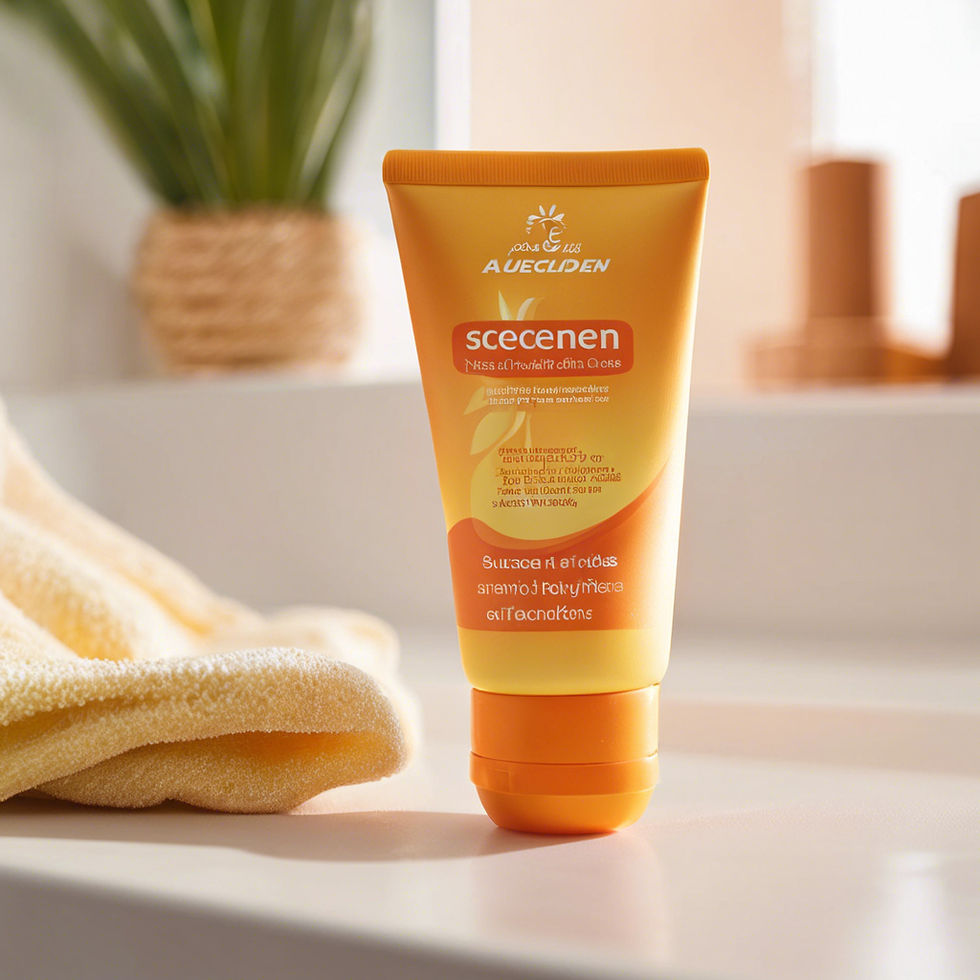 Tampilan close-up tabung PYU+ Sunscreen di meja kamar mandi