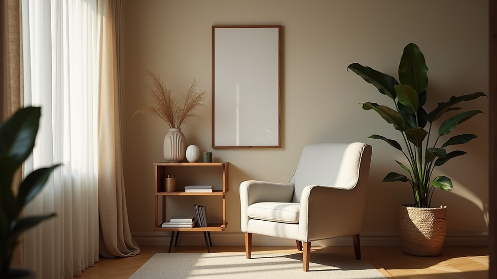 Eye-level view of a cozy living room with a comfortable armchair and soft lighting