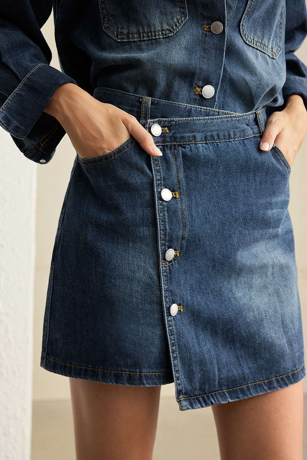 Thumbnail: Denim Button Long-Sleeve Top & Mini Skirt Set - Stylish Denim Outfit