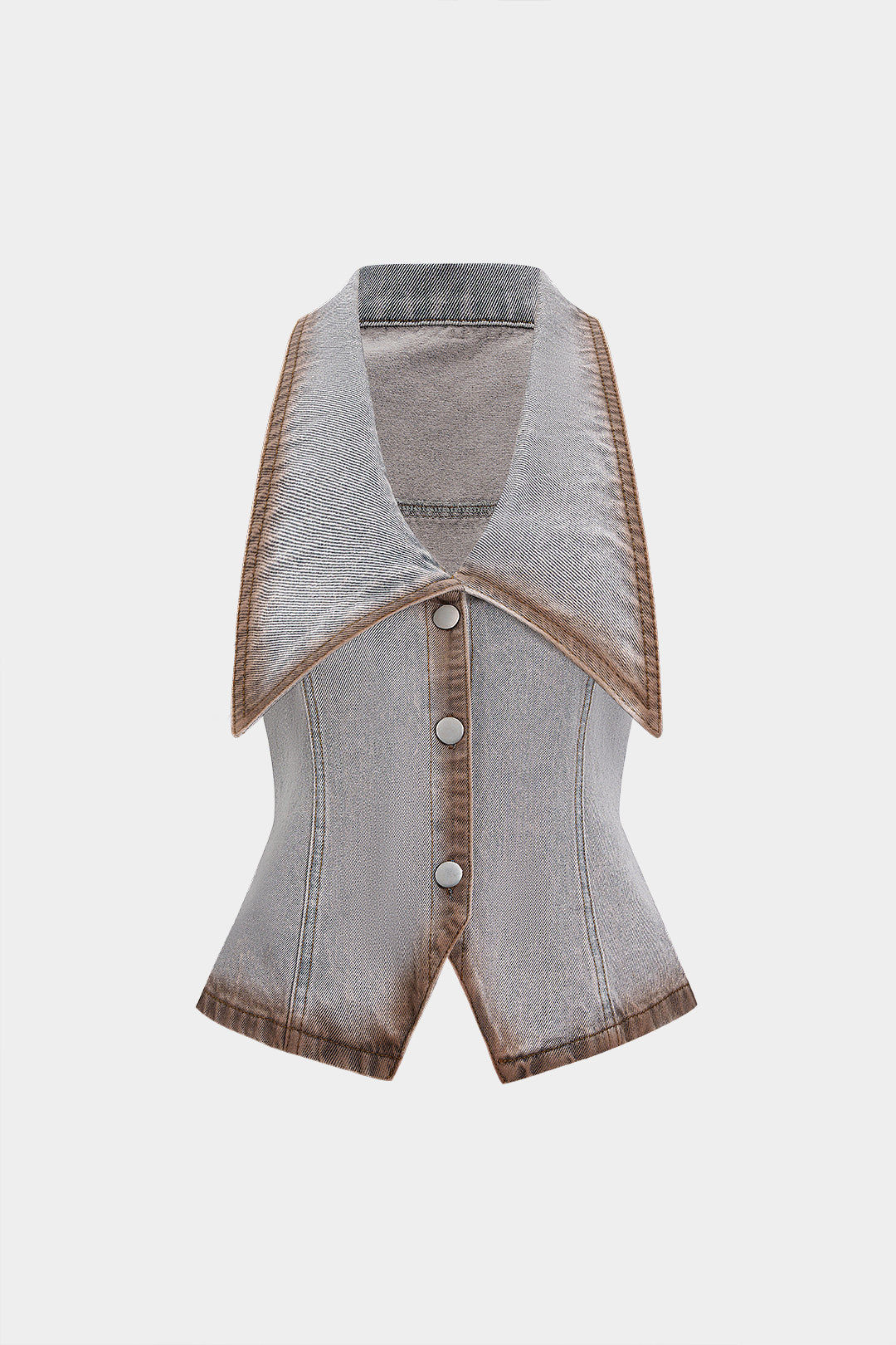 ContrastColor Denim V‑Neck Crop Top with Button Detail