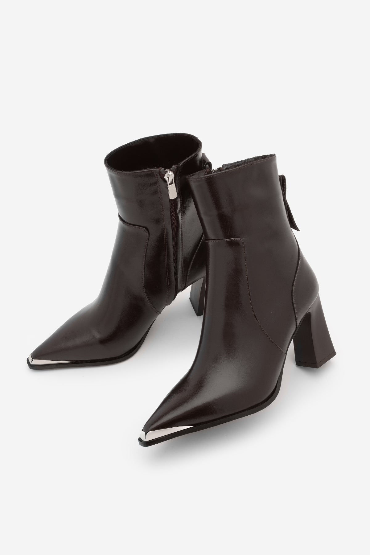 Marjin Coffee Pointed Toe Thick Heel Boot