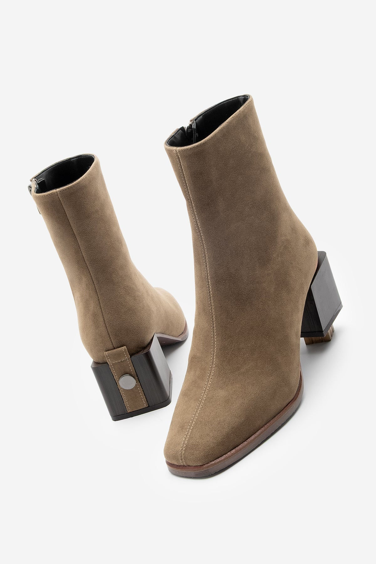 Vizon Suet Heeled Bootie with Thick Heel and Wood Grain