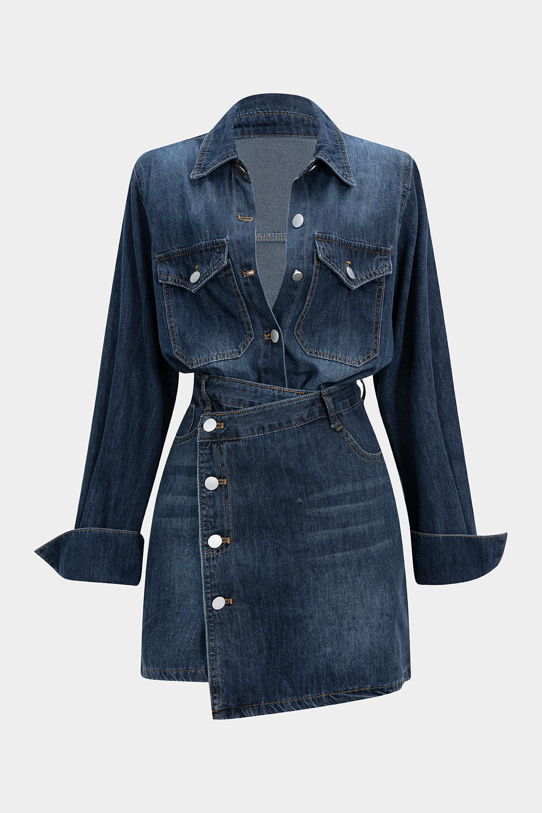 Denim Button Long-Sleeve Top & Mini Skirt Set - Stylish Denim Outfit