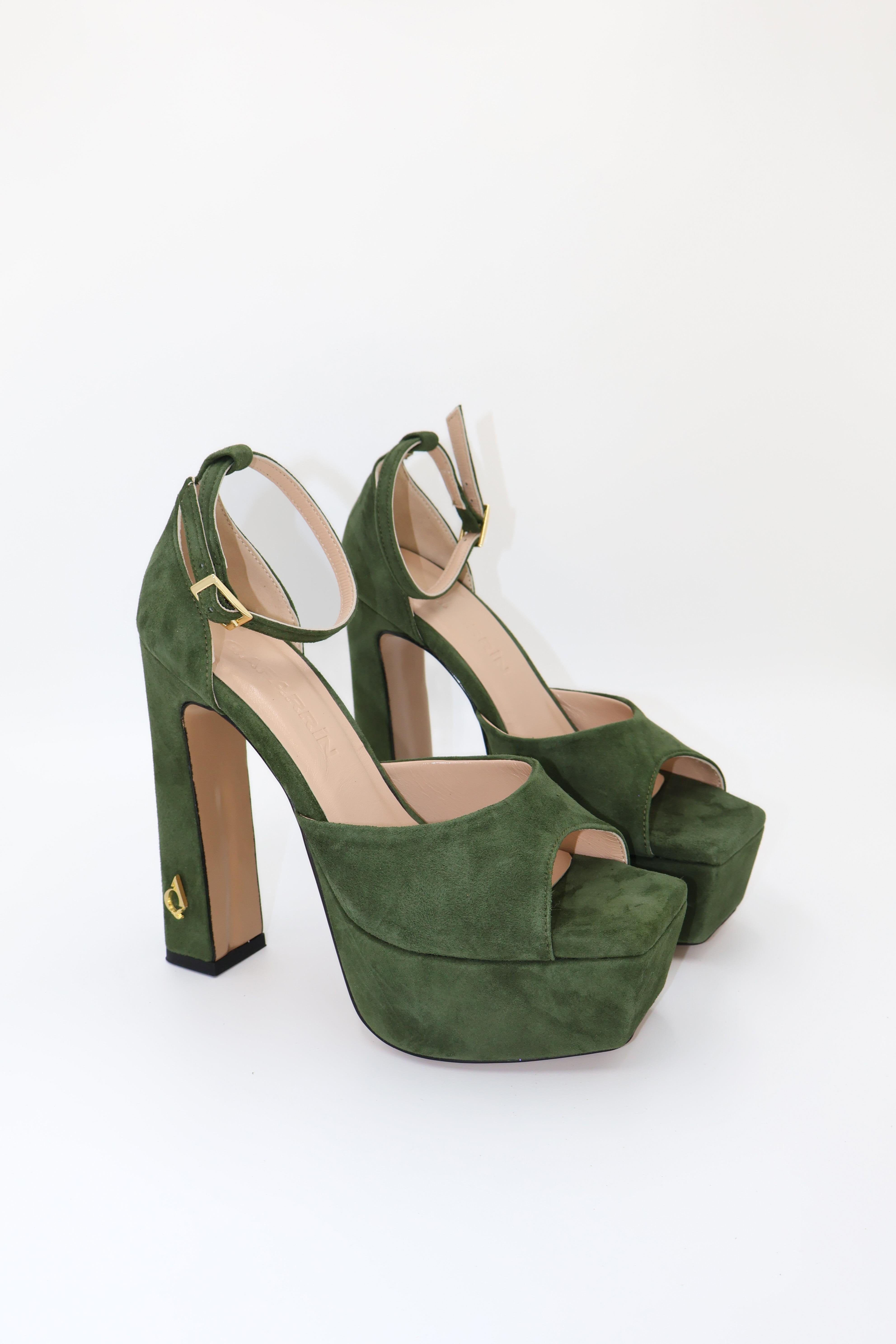 Verdelia Green Genuine Leather Velvet Platform Sandal Heels