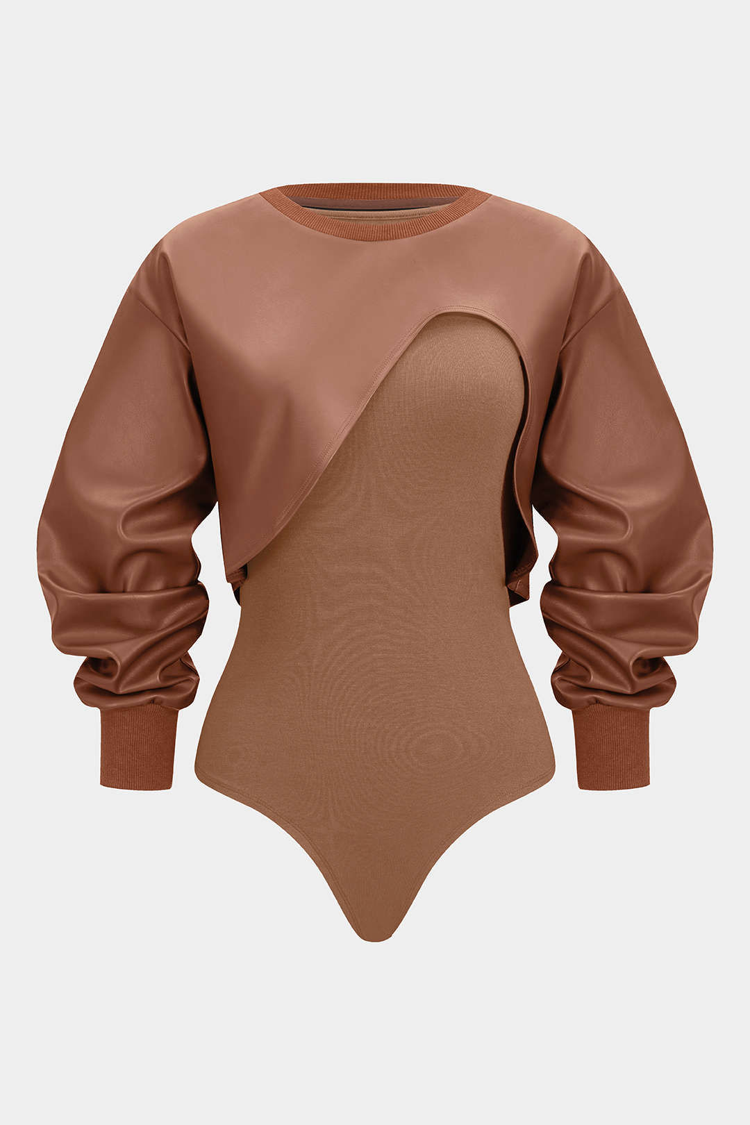 Faux Leather Patchwork Round Neck Asymmetrical Long Sleeve Bodysuit