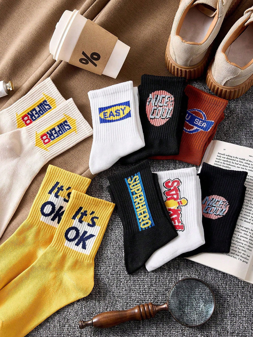 Thumbnail: Colorful Letter Print Sports Crew Socks 4/8 Pairs