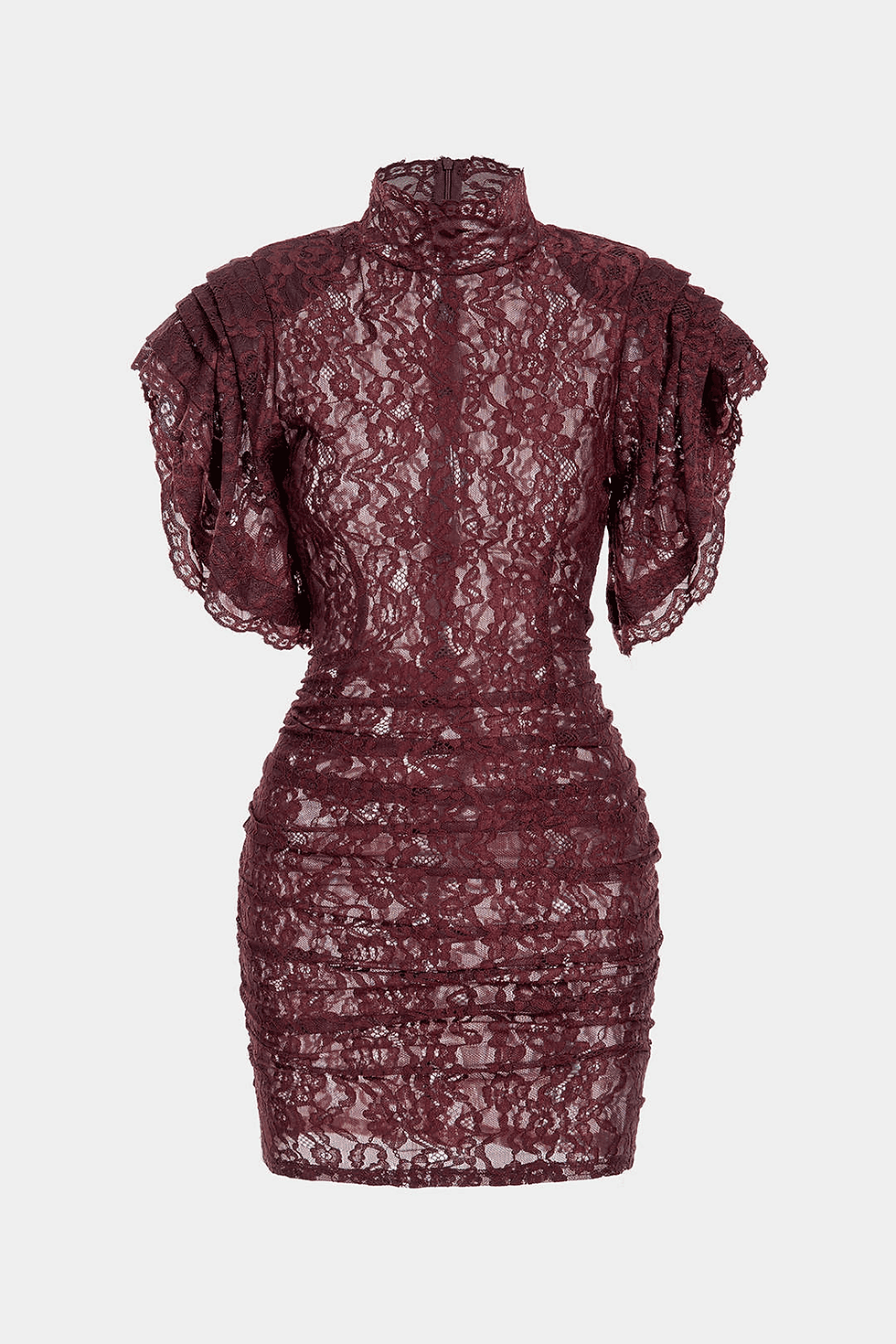 Thumbnail: Sheer Lace Mock Neck Ruched Short Sleeve Mini Dress