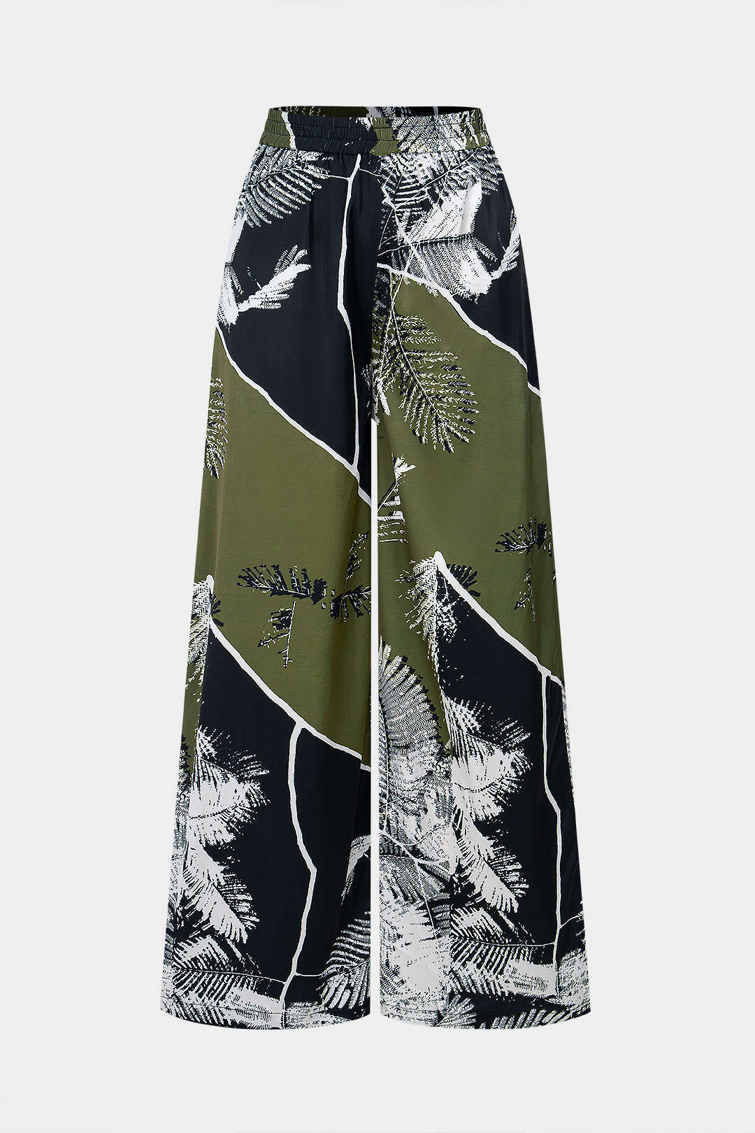 Leaves Contrast Print Satin Shirred Waistband Wide Leg Pants