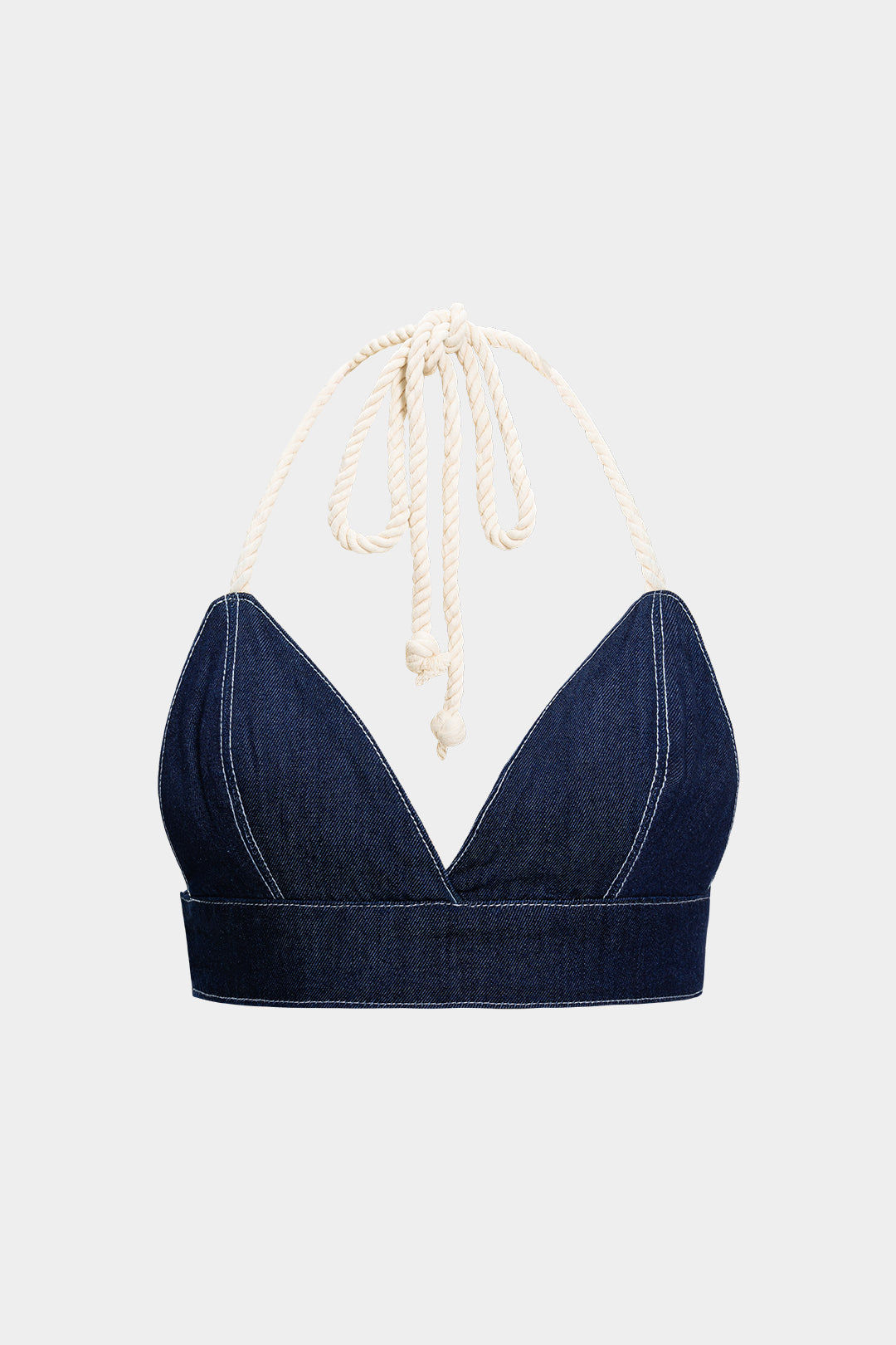 Denim Halter Neck Tie-Up Backless Crop Top Dark Wash Blue