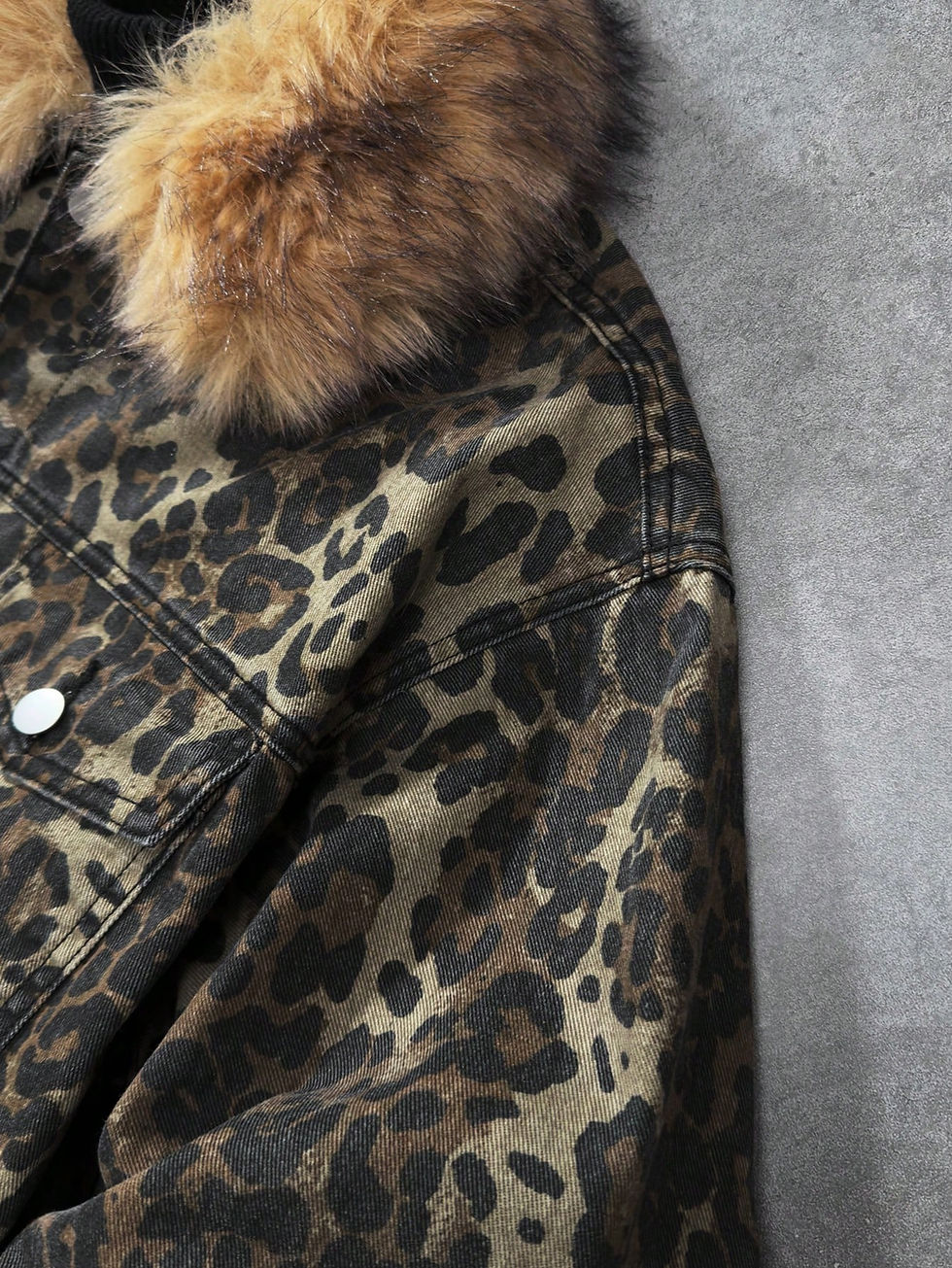 Thumbnail: MEN Grunge Punk Faux Fur Leopard Print Denim Jacket