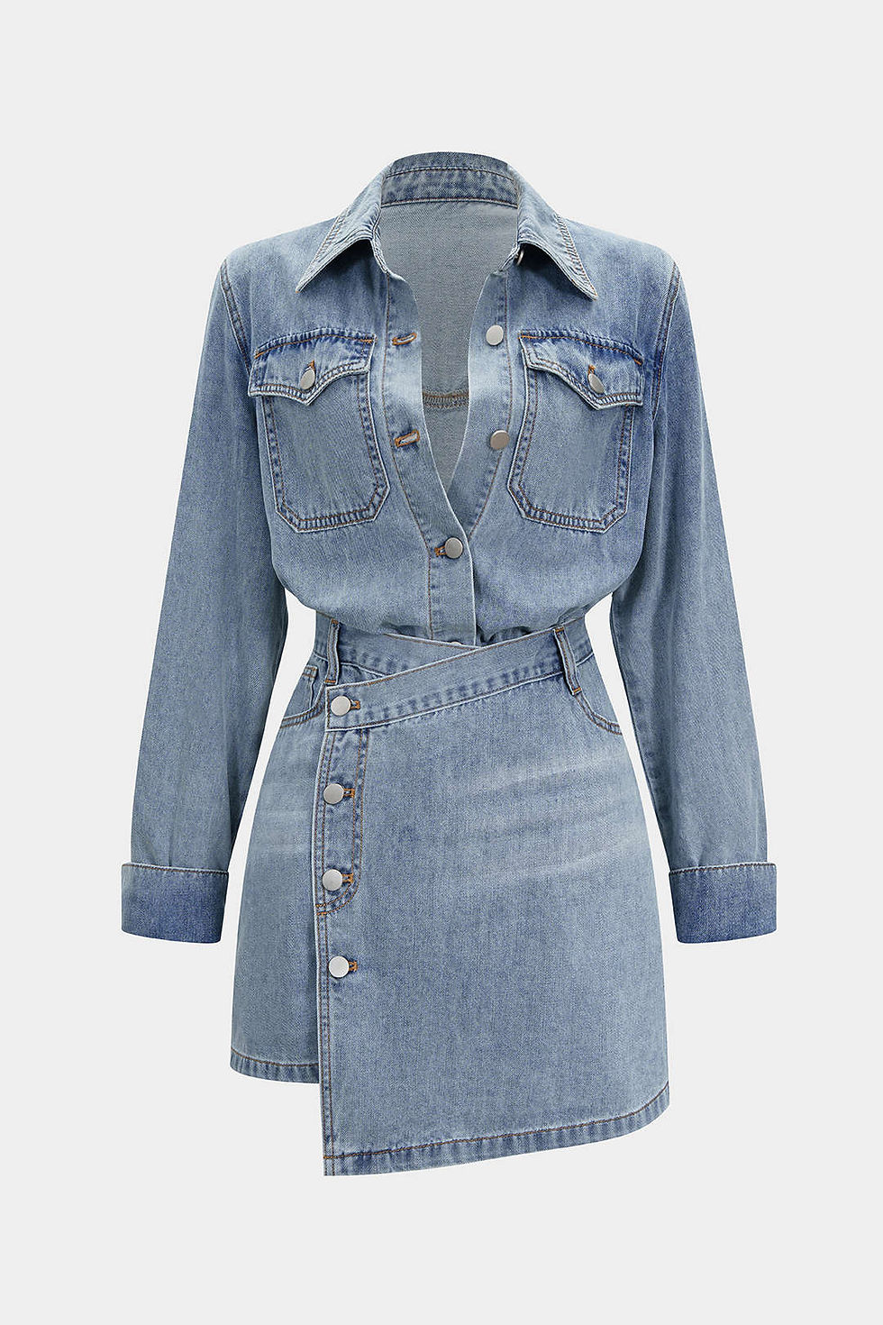 Thumbnail: Denim Button Long-Sleeve Top & Mini Skirt Set - Stylish Denim Outfit