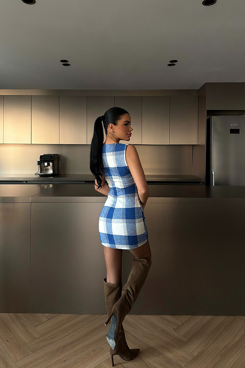 Thumbnail: Stylish Elegant Blue Checkered Sleeveless Mini Dress