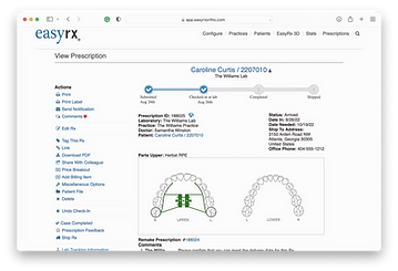 EasyRx prescription interface screenshot used for orthodontic case submissions