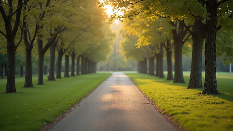 Eye-level view of a serene park with a walking path