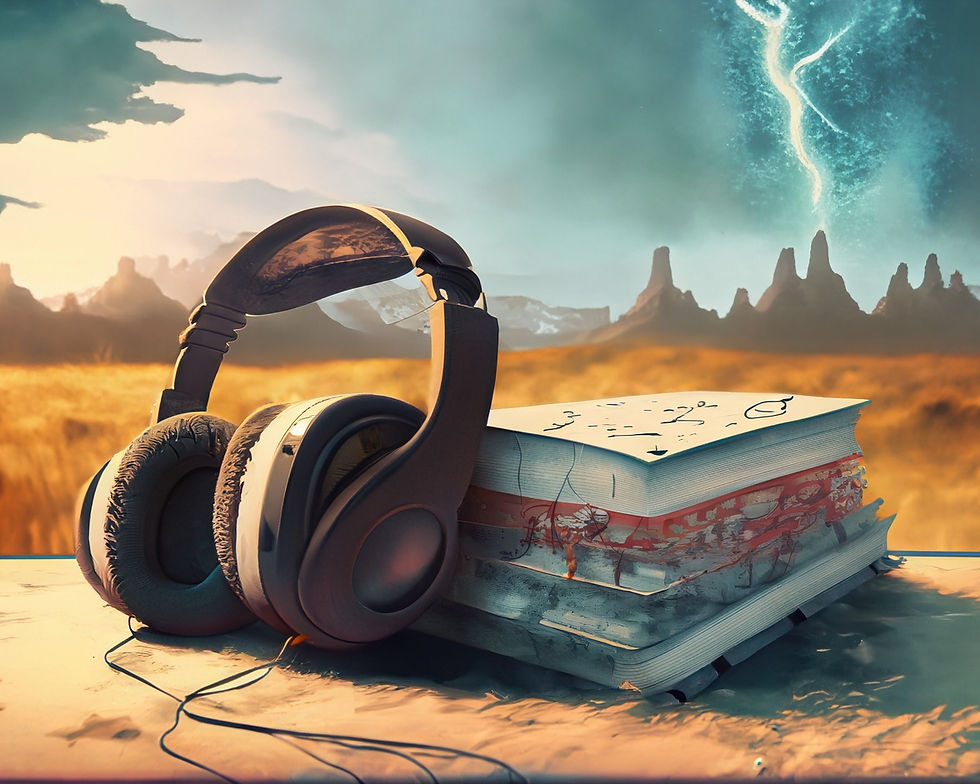 A dreamlike landscape featuring distant mesas and a swirling sky, representing the blend of music and literature in an infinite realm of imagination.