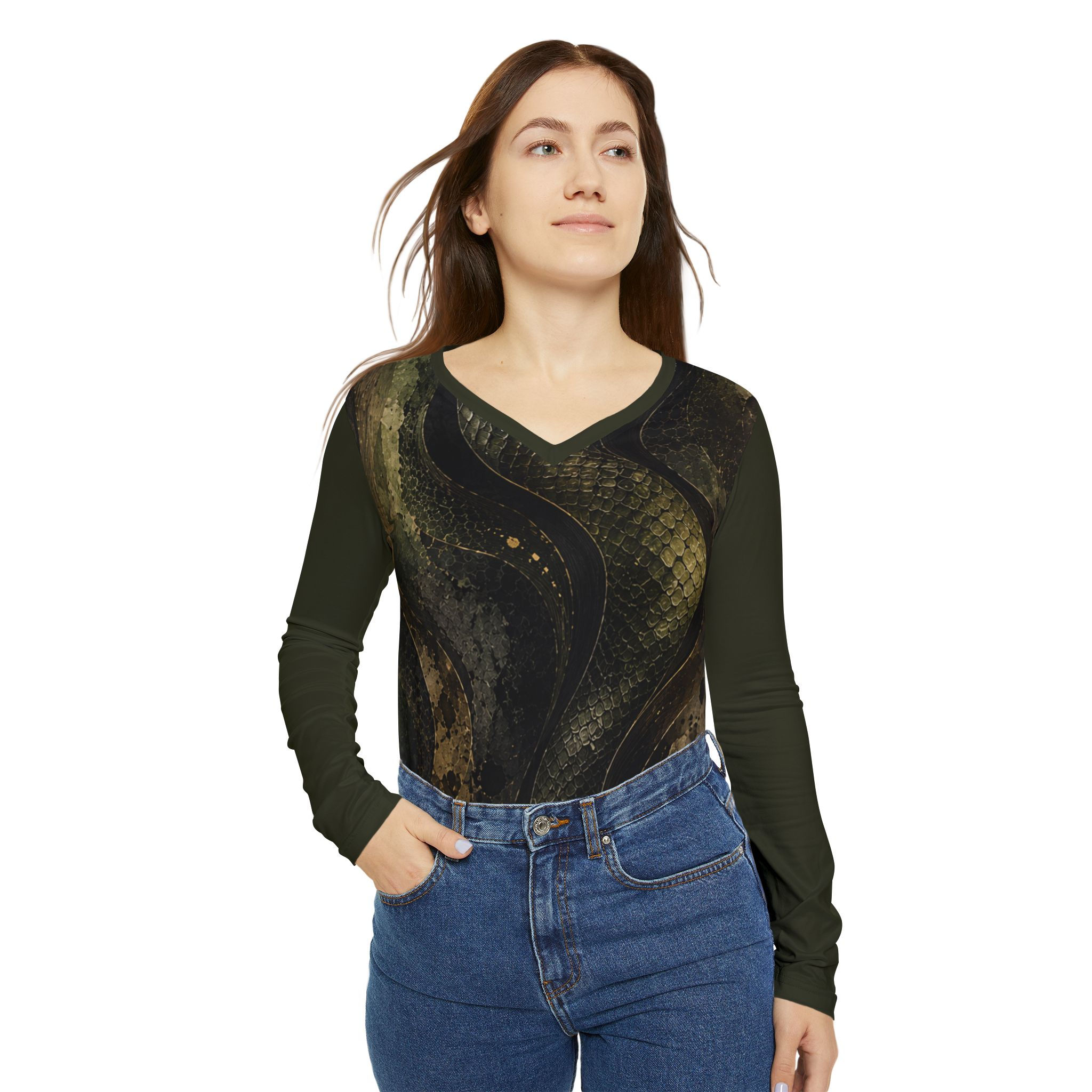 Snake Color Print Long Sleeve V-Neck Shirt