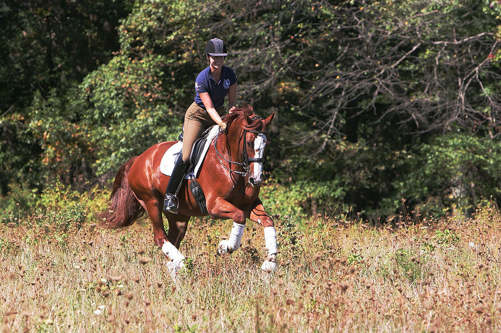 Jessica Jo (JJ) Tate riding in an open field. Photo by Richard Malmgren