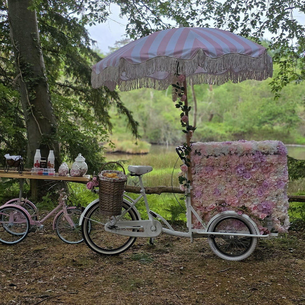 Bicycle with pink floral cart and striped umbrella in a forest setting. Nearby table with treats, creating a whimsical, serene atmosphere.