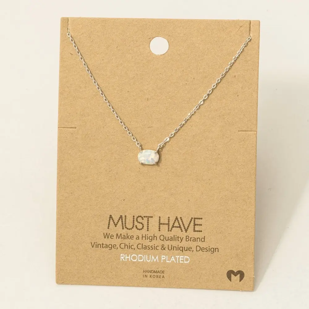 Rhodium Plated Opal Pendant Necklace