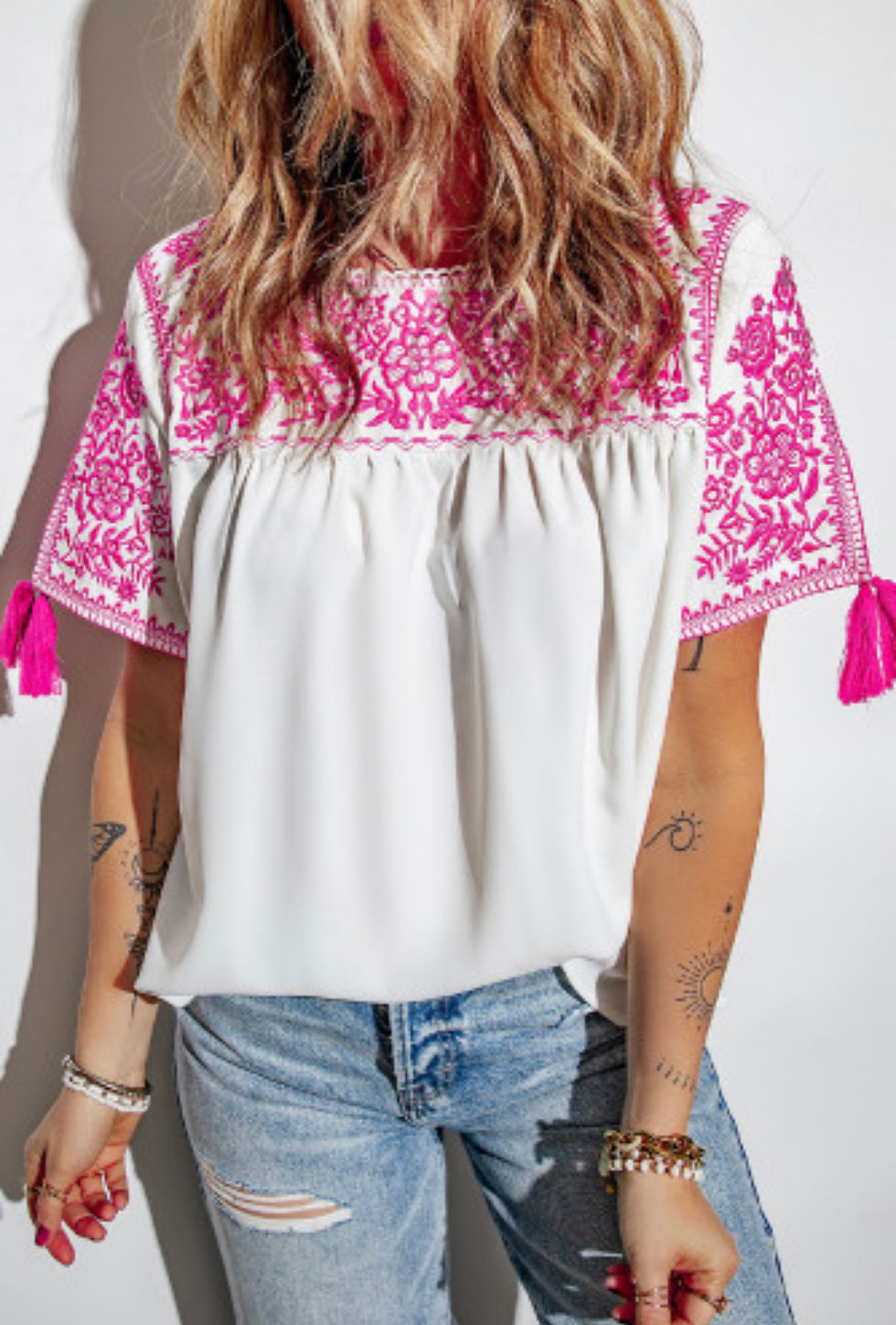 White & Pink Embroidered Short Sleeve Shift Top
