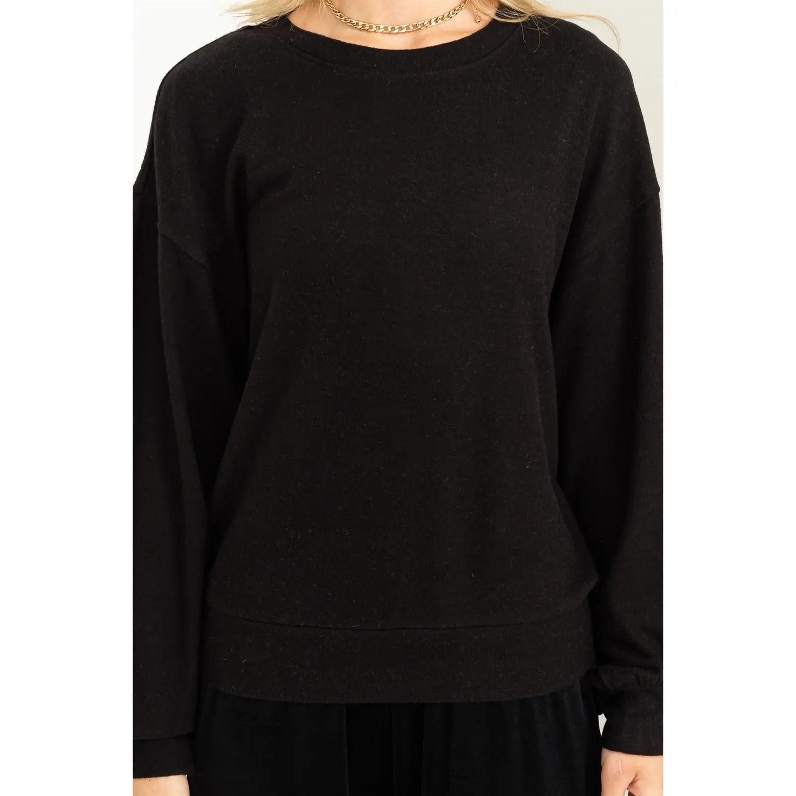 Black Round Neck Balloon Sleeve Sweatshirt