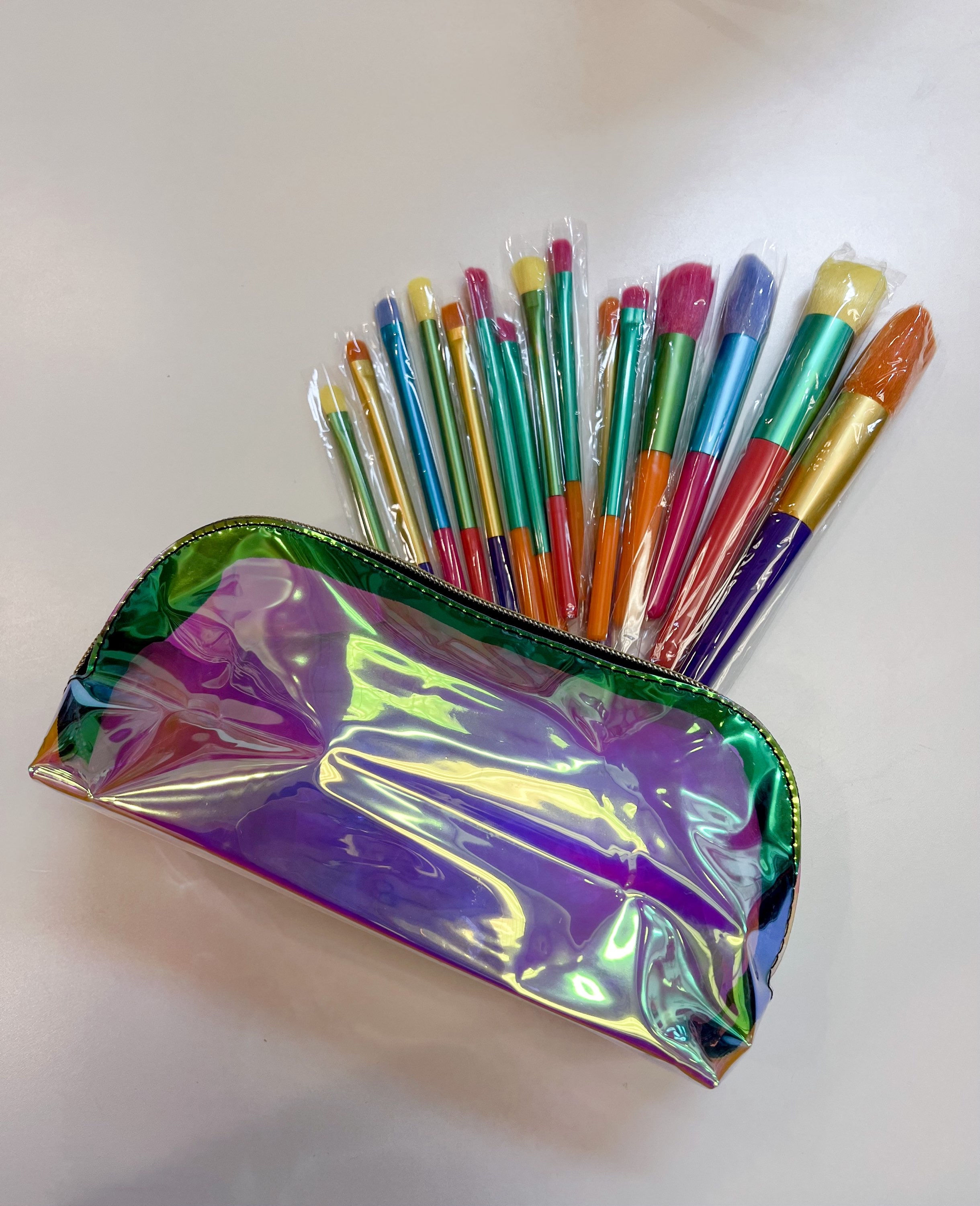 Rainbow Iridescent Cosmetic Bag & Brushes