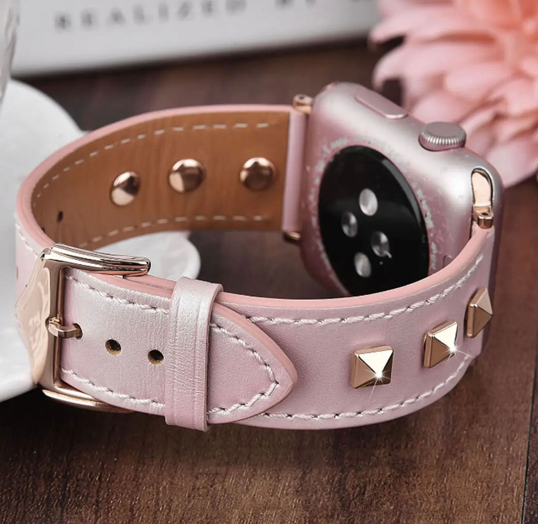 Pink Leather Studded Apple Watch Band