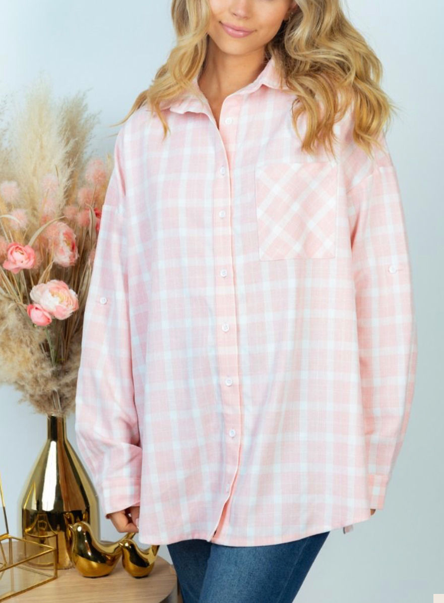 Pastel Pink Plaid Relaxed Button Down