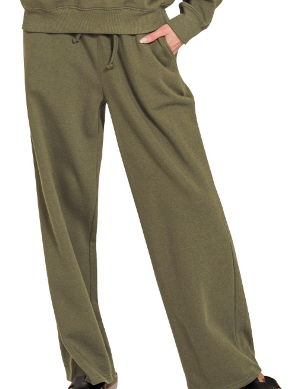 Dark Olive Fleece Wide Leg Sweatpants 