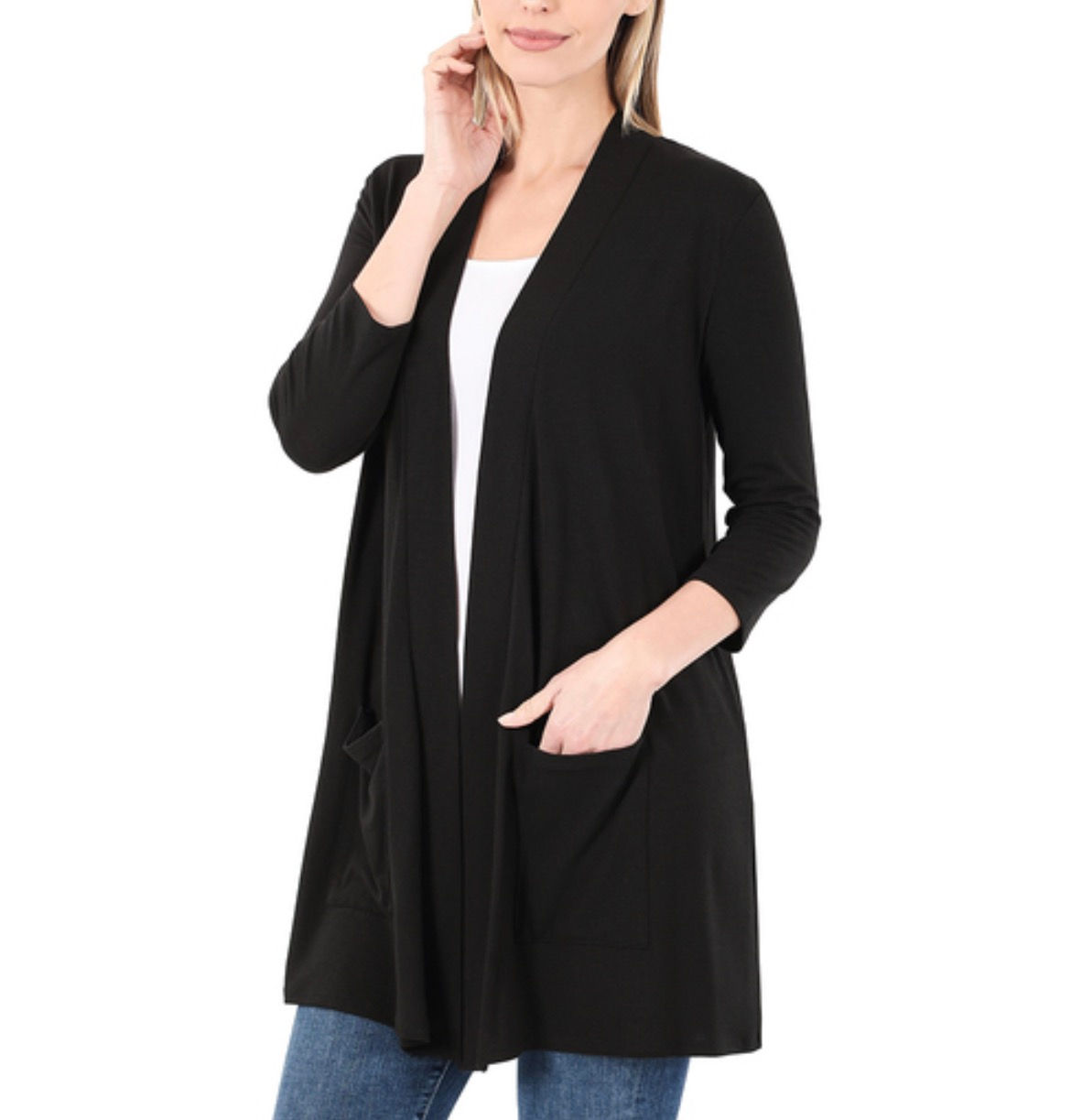 Black 3/4 Sleeve Slouchy Pocket Cardigan