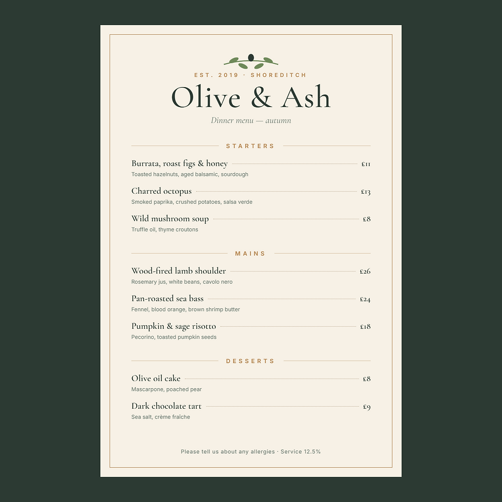InDesign for Mac course: Olive & Ash restaurant menu layout
