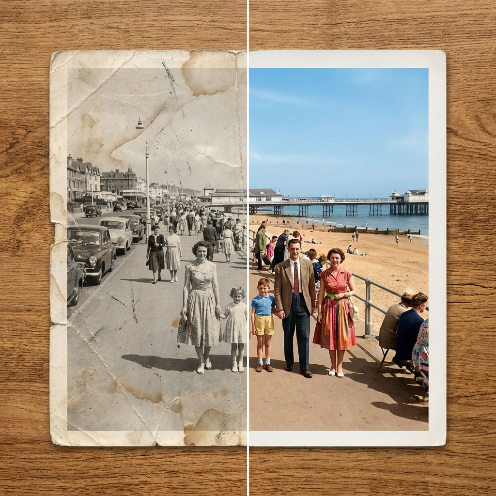 Photoshop Beginner to Intermediate group course – old seaside photo restored and colourised