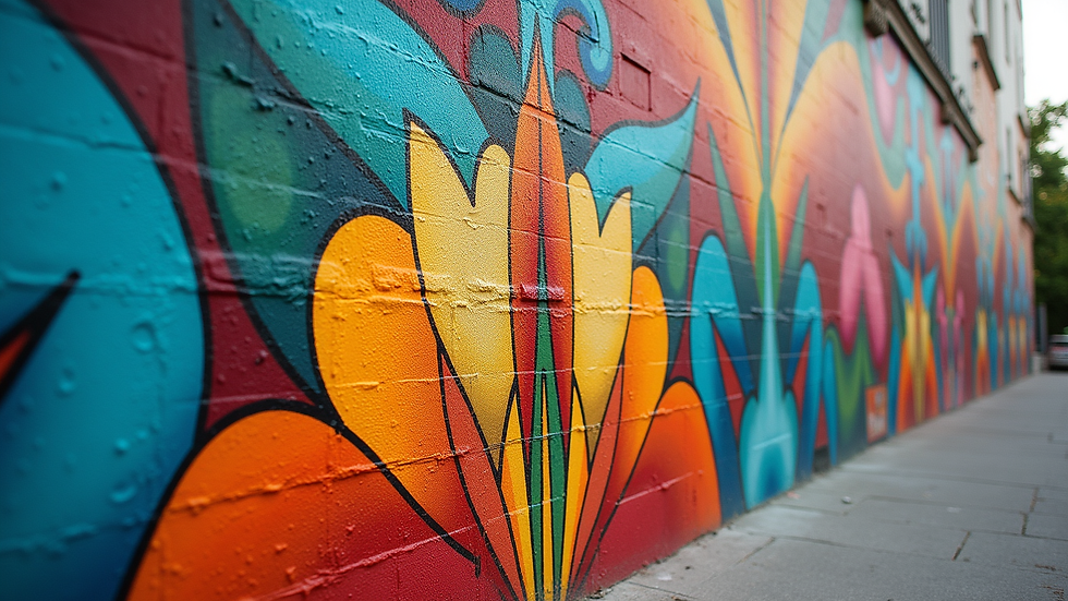 Eye-level view of a vibrant mural showcasing artistic design