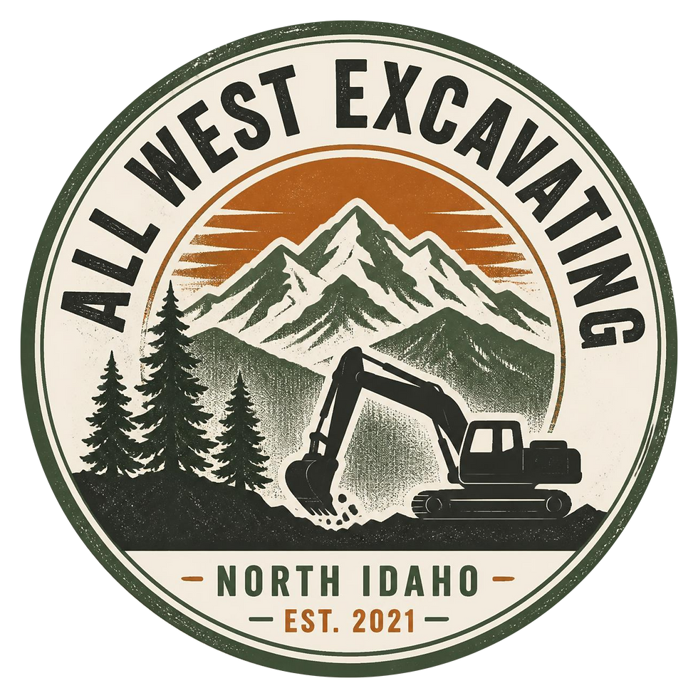 All West Excavating North Idaho logo with mountain and excavator