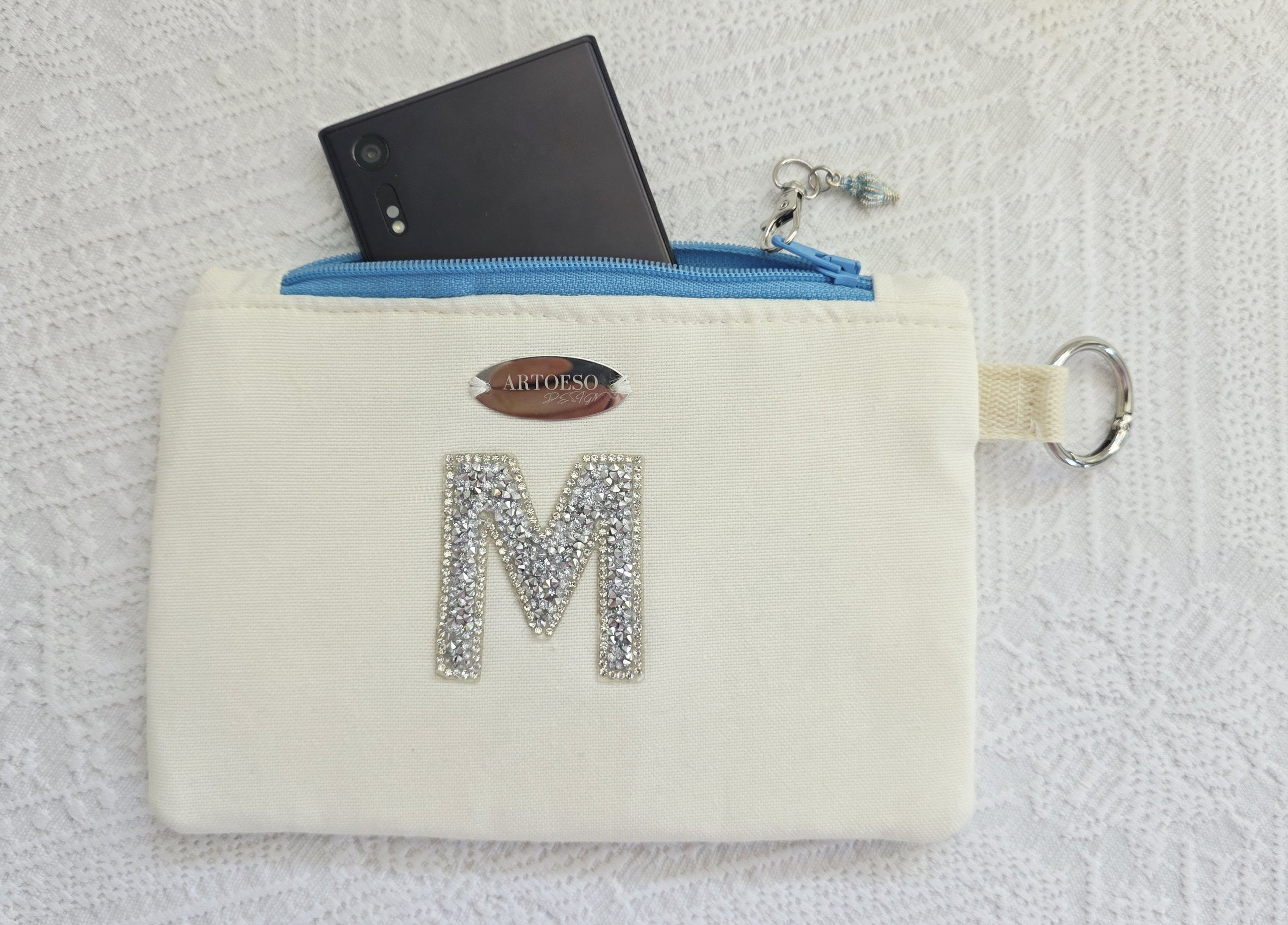 Minibag - Sparkling Initials, Letter M – Elegant Zipper Bag, Personalized Mini Pouch