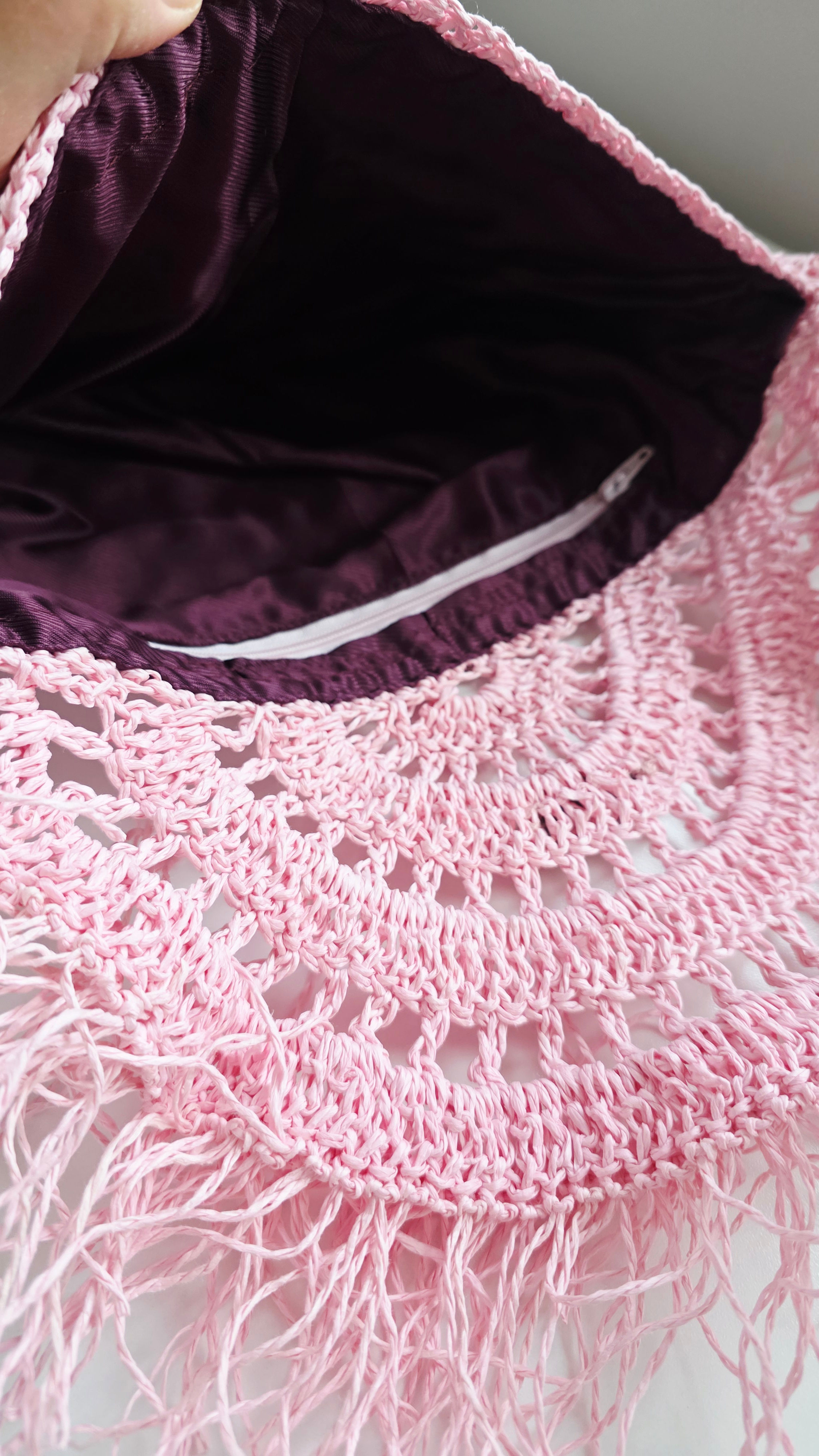 Hasır Örgü Çanta: Püsküllü Pembe - Bordo